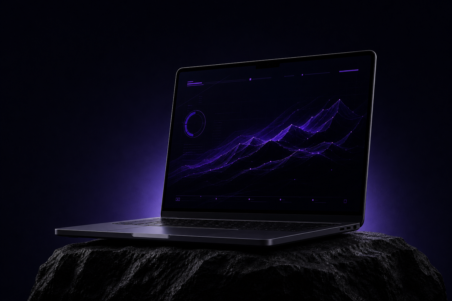 A premium dark laptop displaying an abstract purple website concept while resting on black volcanic rock